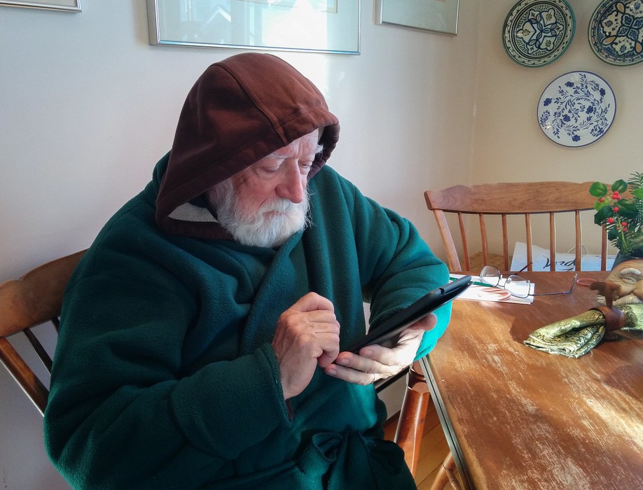 Egils at breakfast.<br />I was unaware that Joyce took this photo with her cellphone.<br />Jan. 3, 2016 - At home in Merrimac, Massachusetts.