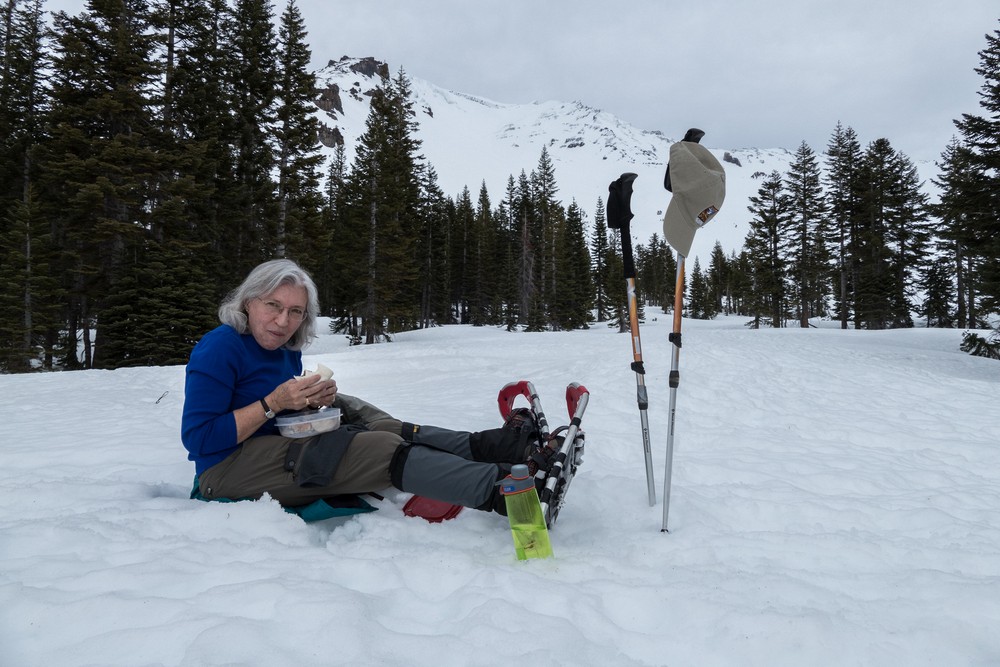 Joyce enjoying lunch at the Shasta Alpine Lodge while Melody and Sati continue up the mountain.<br /> Feb. 16, 2016 - Above Bunny Flat on skirt of Mt. Shasta, California.
