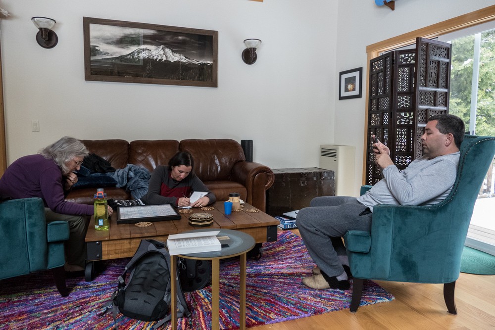 Joyce, Melody, and Sati relaxing.<br />Feb. 18, 2016 - At Melody and Sati's in McCloud, California.