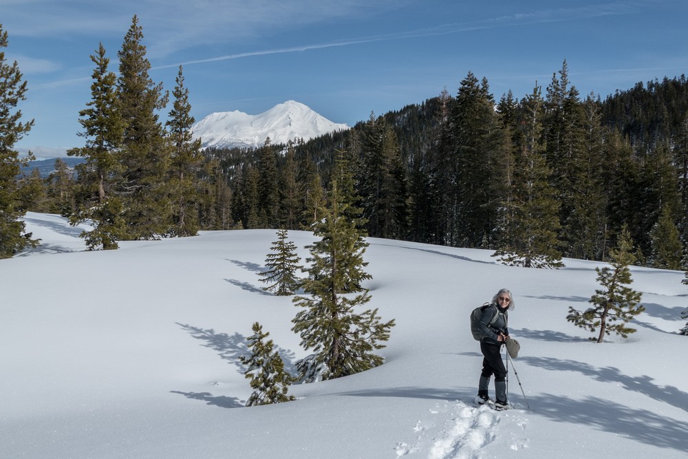Joyce with Mt. Shasta in back.<br />Feb. 20, 2016 - Castle Lake, Northern California.