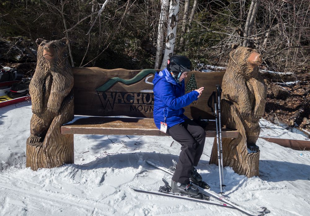 Joyce calling Holly to meet for a run down the mountain.<br />March 5, 2016 - Mount Wachusett Ski Area, Massachusetts.