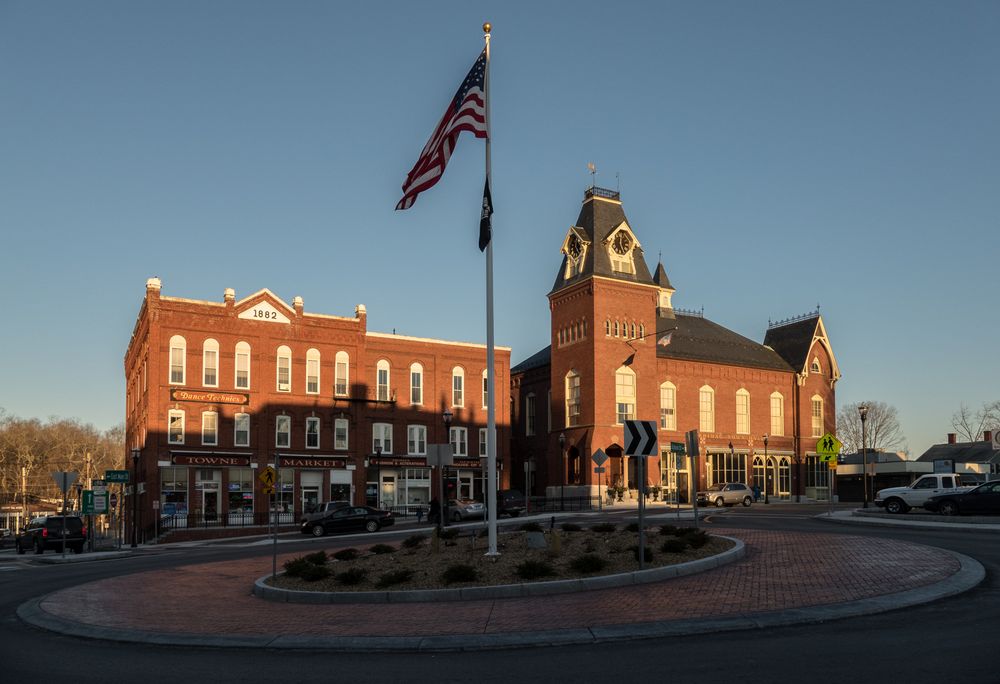 Merrimac Square with new traffic circle, Galant Building, and Town Hall.<br />March 6, 2016 - Merrimac, Massachusetts.