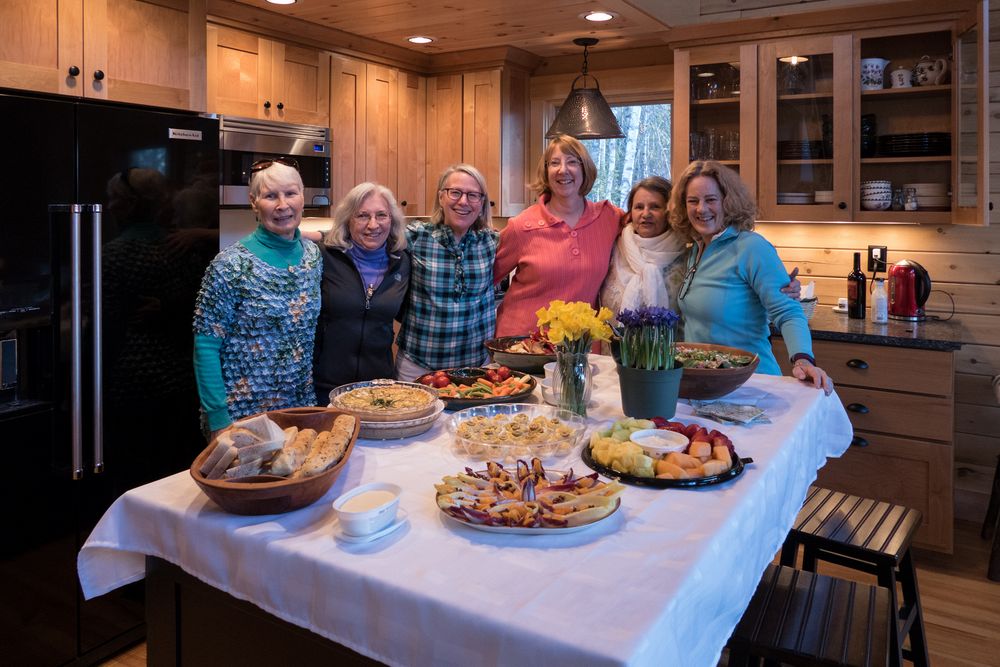 Nancy, Joyce, Kathleen, Carol, Moe, and Lynn and their appetizers.<br />March 19, 2016 - At Michael and Kathleen's in Campton, New Hampshire.