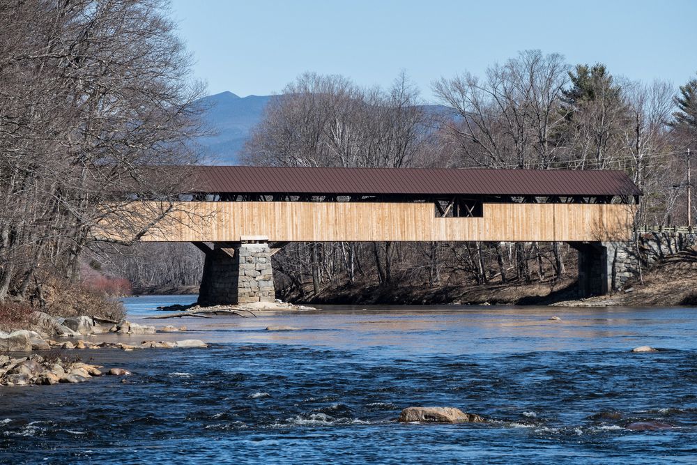 Blair Road covered bridge over the Pemigewasset River.<br />March 20, 2016 - Blair Woodlands Natural Area, Campton, New Hampshire.