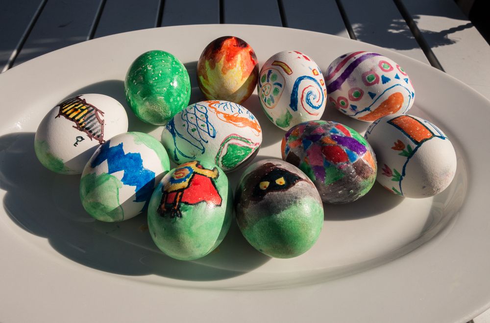 Easter eggs decorated by Mirada and Joyce.<br />March 27, 2016 - At Paul and Norma's in Tewksbury, Massachusetts.