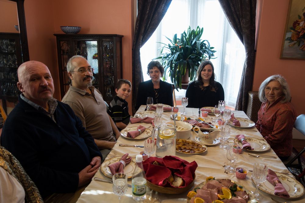 Easter dinner.<br />Tom, Carl, Matthew, Holly, Miranda and Joyce.<br />March 27, 2016 - At Paul and Norma's in Tewksbury, Massachusetts.