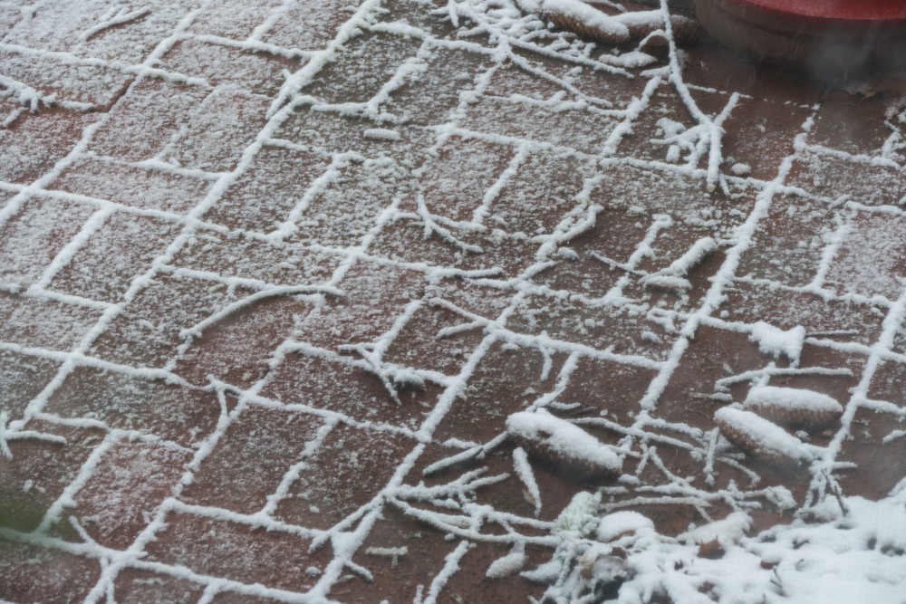 What's left of the early morning snowfall.<br />Shot through a dirty window with screen.<br />April 3, 2015 - At home in Merrimac, Massachusetts.