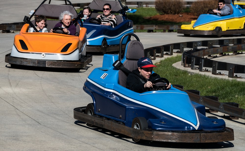 Matthew and Joyce pursuing Miranda on the go kart track.<br />April 20, 2016 - At Jay Gee's in Methuen, Massachusett.