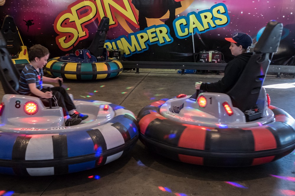 Matthew and Miranda in bumper cars.<br />April 20, 2016 - At Jay Gee's in Methuen, Massachusett.