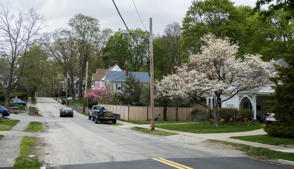 Woodland Street from intersection with Main Street.<br />May 13, 2016 - Merrimac, Massachusetts.