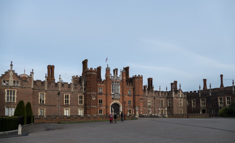 Stephanie, Joyce, and Rob at the main entrance (closed at this time).<br />May 21, 2016 - Hampton Court Palace grounds, East Molesey, Surrey, England.