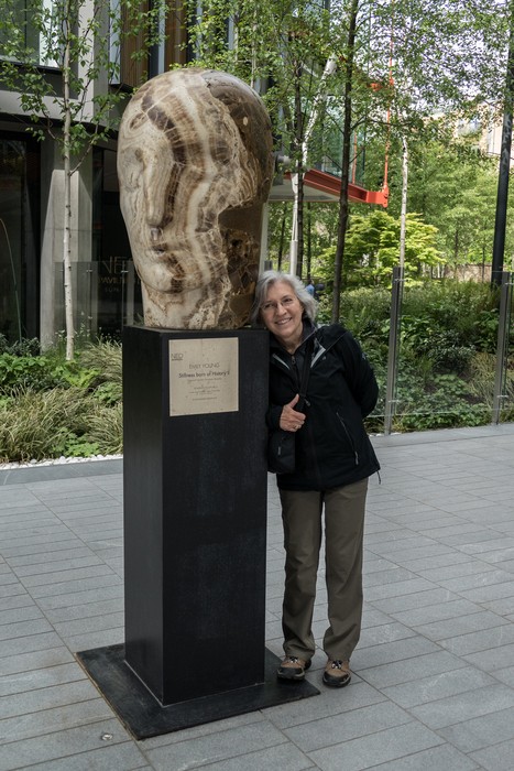 Joyce next to an Emily Young sculpture.<br />May 22, 2016 - London, UK.
