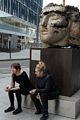 An Emily Young sculpture and two young English women smoking.<br />May 22, 2016 - London, UK.
