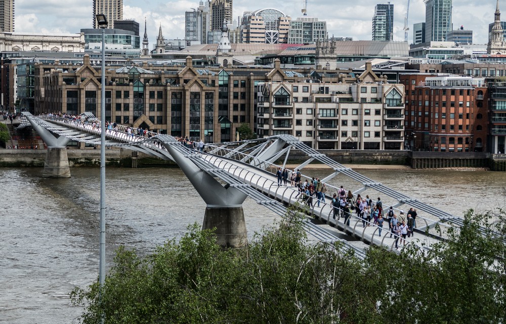 Millennium Bridge across the Thames River.<br />May 22, 2016 - London, UK.
