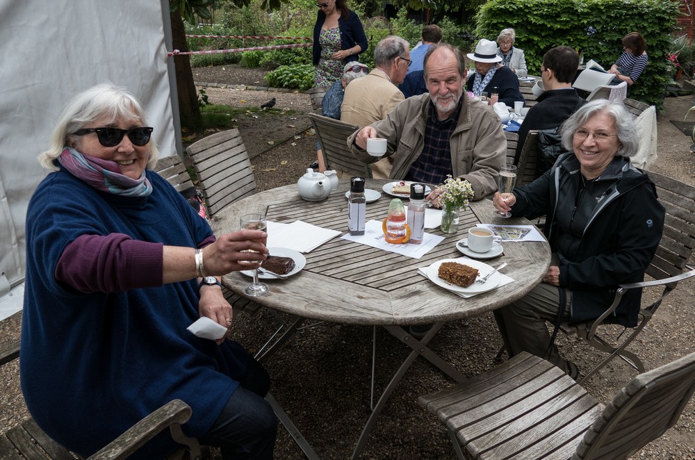 Stepahnie, Rob, and Joyce at tea time.<br />The Chelsey Physic Garden.<br />May 22, 2016 - London, England.