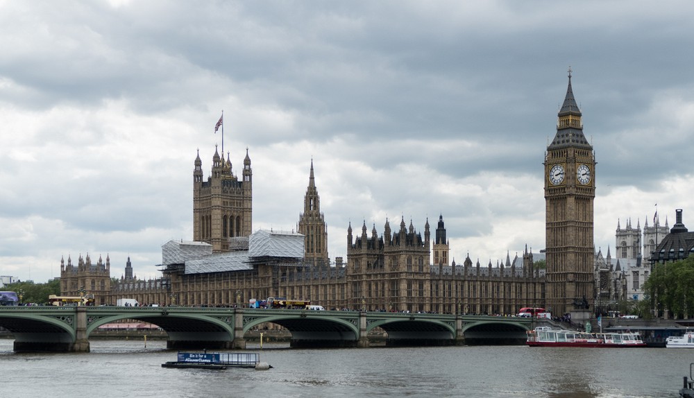 The UK Parliament and the Westminster Bridge as seen from near the London Eye.<br />May 24, 2016 - London, UK.