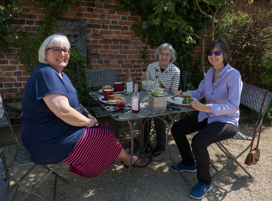 Stephanie, Joyce, Shelagh at lunch.<br />Dorney Court Kitchen Garden.<br />May 26, 2016 - Dorney, England.