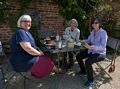 Stephanie, Joyce, Shelagh at lunch.<br />Dorney Court Kitchen Garden.<br />May 26, 2016 - Dorney, England.