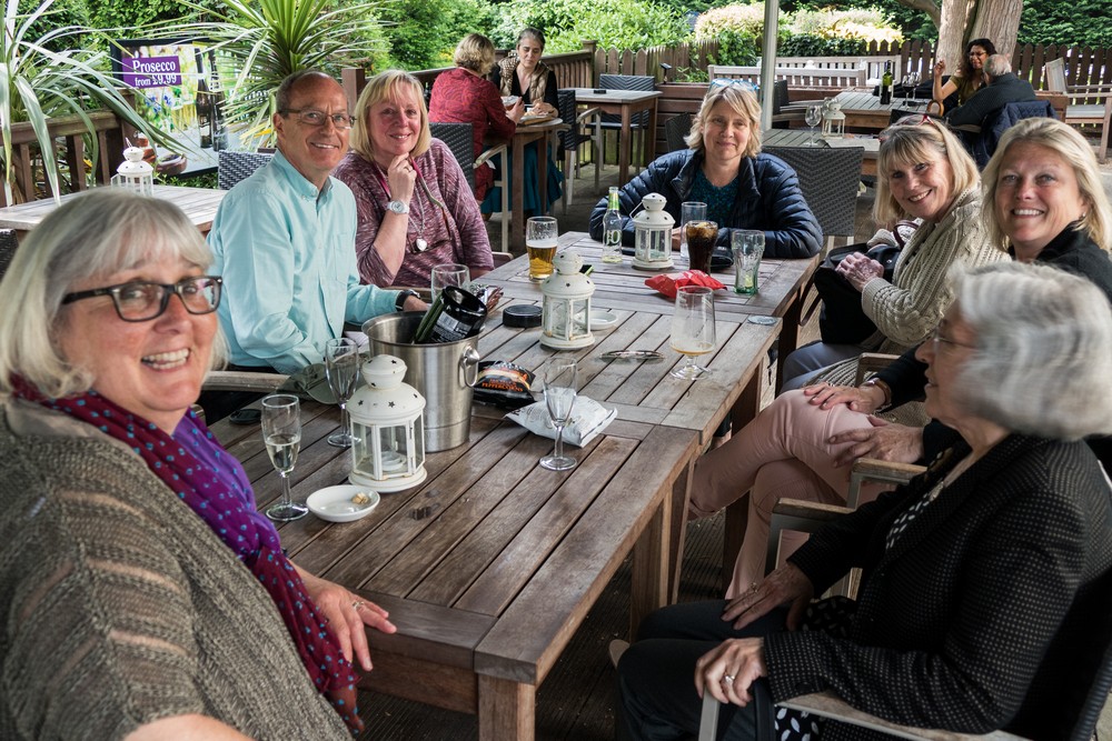 Stephanie, Mark, ?, ?, Annie, Sietske, Joyce, and teachers at the ACS International Cobham relaxing in a pub.<br />May 27, 2016 - Prince of Wales Pub, Esher, Surrey, UK.