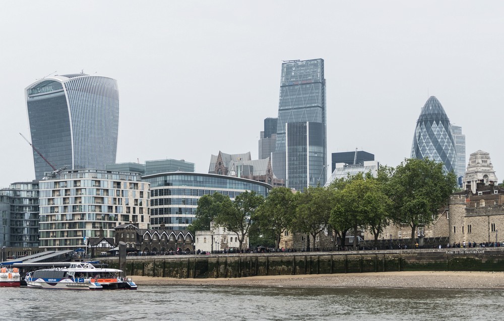The Walkie-Takie, the Cheesegrater, and the Gherkin dominate the skyline.<br />May 28, 2016 - London, UK.