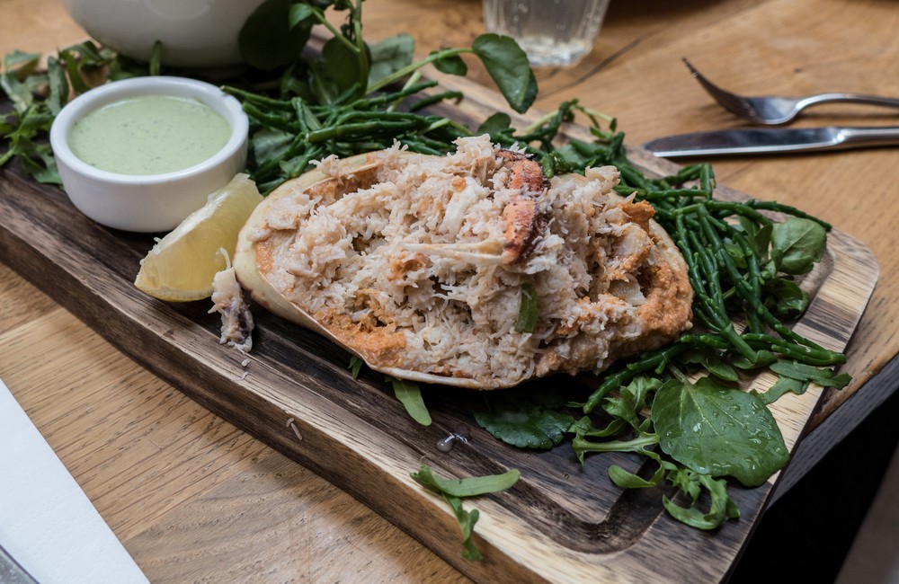 Joyce and I shared this stuffed crab shell.<br />Old Brewery.<br />May 28, 2016 - Greenwich, UK.