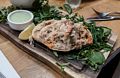 Joyce and I shared this stuffed crab shell.<br />Old Brewery.<br />May 28, 2016 - Greenwich, UK.