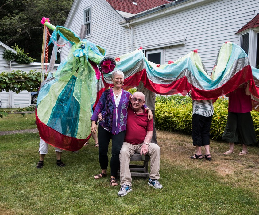 Deb and Ray surrounded by Nancy's dragon.<br />Deb and Ray's farewell party.<br />July 1, 2016 - At Leslie's in Newburyport, Massachusetts.