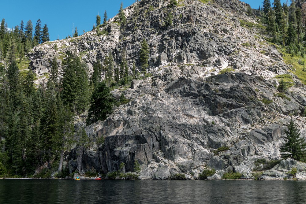 Yellow and red boats on the far side of the lake.<br />July 19, 2016 - Cliff Lake, Siskiyou County, California.