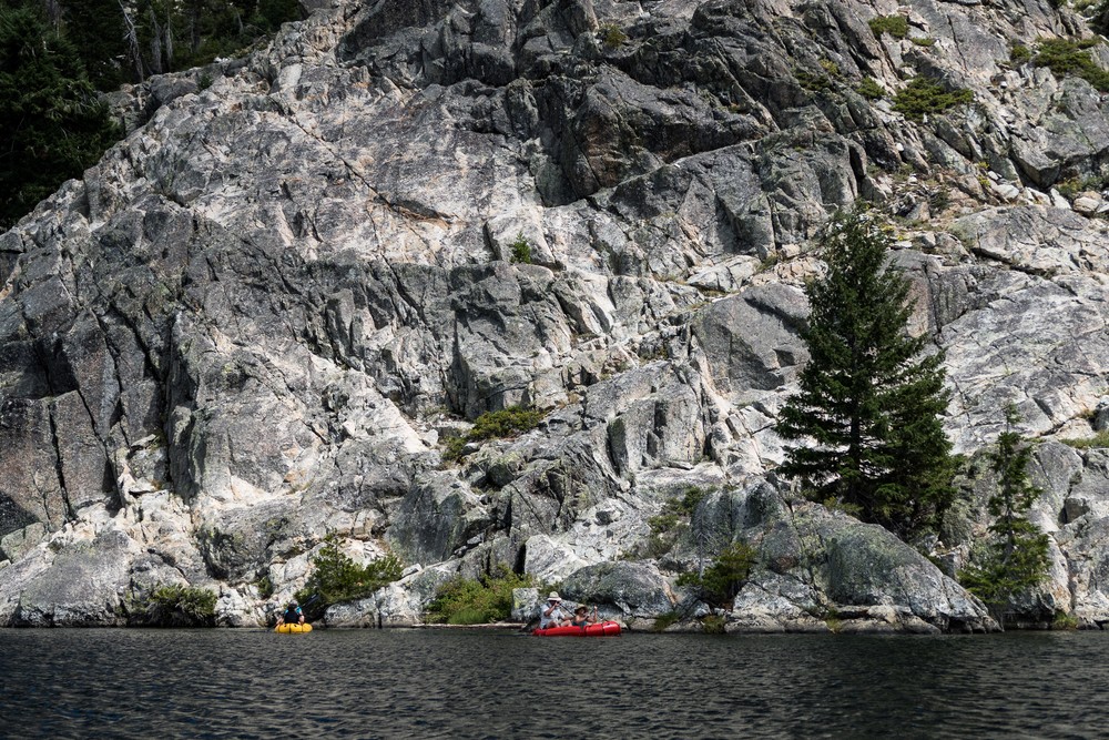 Joyce, Miranda, Sati, and Melody paddling on the far side of the lake.<br />July 19, 2016 - Cliff Lake, Siskiyou County, California.