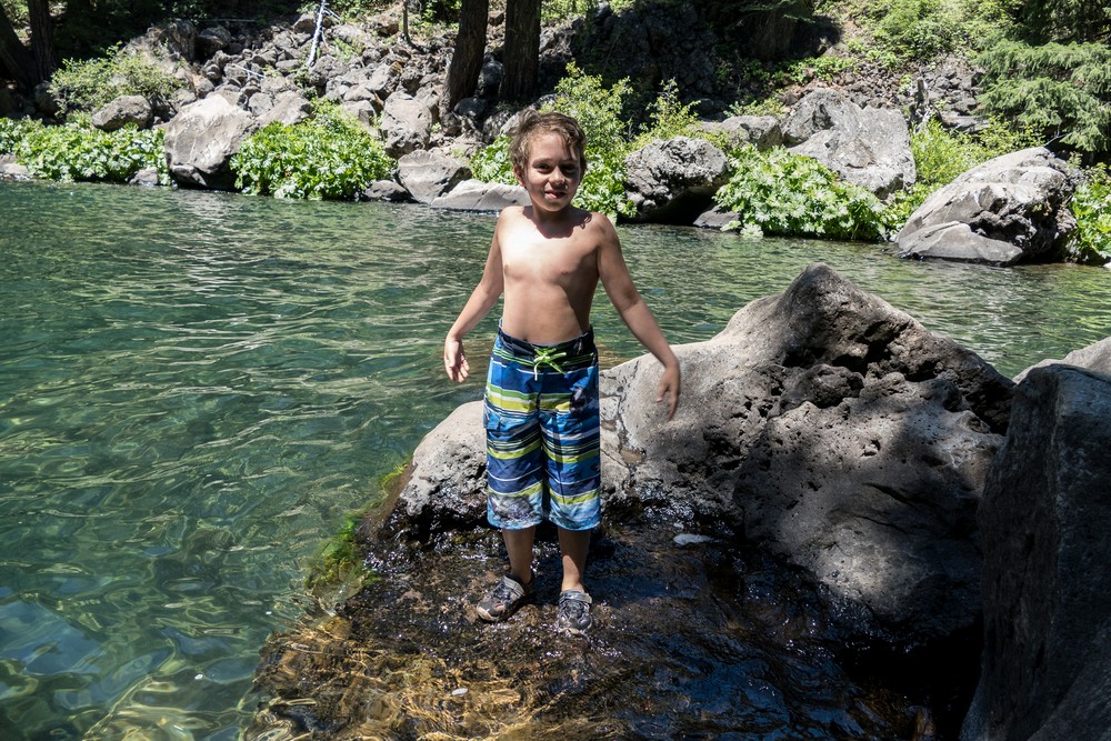 Matthew ready to jump into pool below Upper Falls.<br />July 20, 2016 - Along the shore of the McCloud River, California.