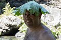 Sati with improvised hat.<br />July 20, 2016 - Along the shore of the McCloud River, California.