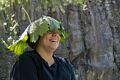 Miranda with a leaf for a hat.<br />July 20, 2016 - Along the shore of the McCloud River, California.