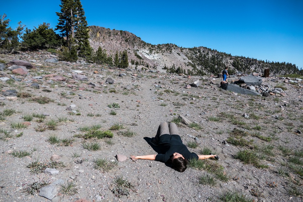 Miranda quitting the hike while Matthew explores the area.<br />Short hike above Panther Meadow parking area.<br />July 20, 2016 - Mount Shasta, California.