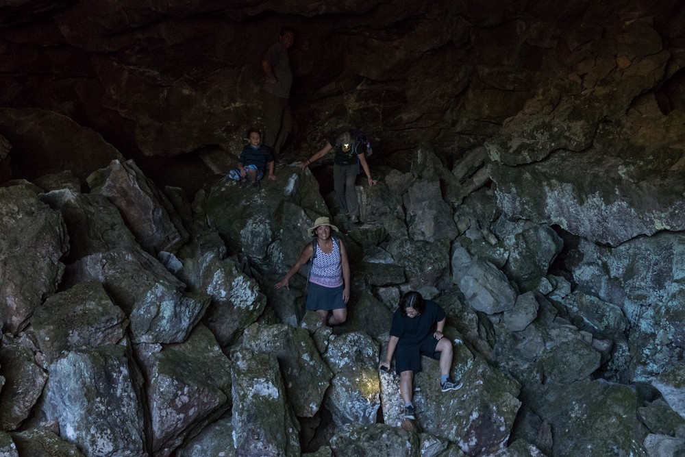 Matthew, Sati, Melody, Joyce, and Miranda inside of a lava tube cave.<br />July 21, 2016 - Along Medicine Lake Road,  Siskiyou County, California.
