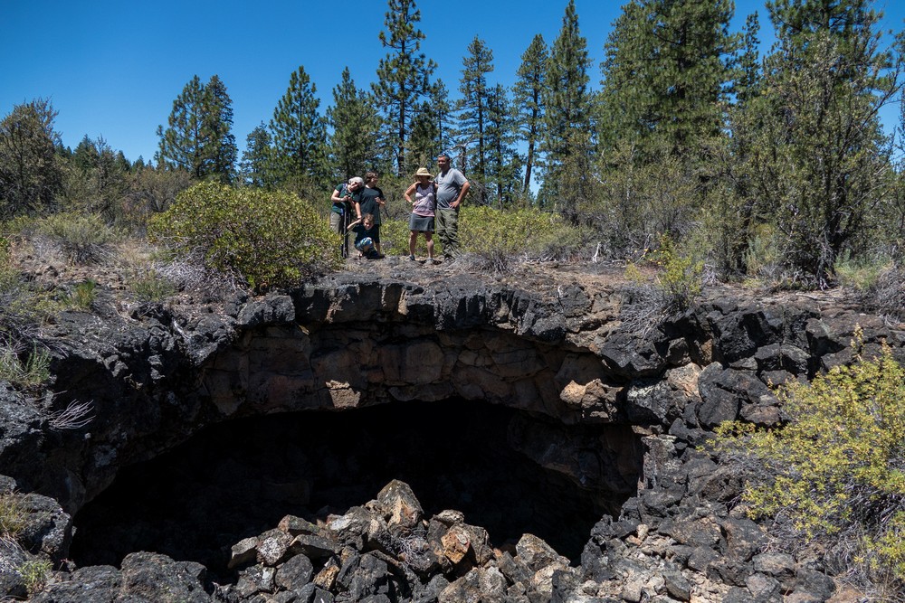 Joyce, Matthew, Miranda, Melody, and Sati atop a lava tube.<br />July 21, 2016 - Along Medicine Lake Road,  Siskiyou County, California.