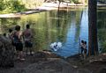 Matthew dropping into the water while Melody, Miranda, Sati, and others watch.<br />July 21, 2016 - McCloud River above the falls, Siskiyou County, California.