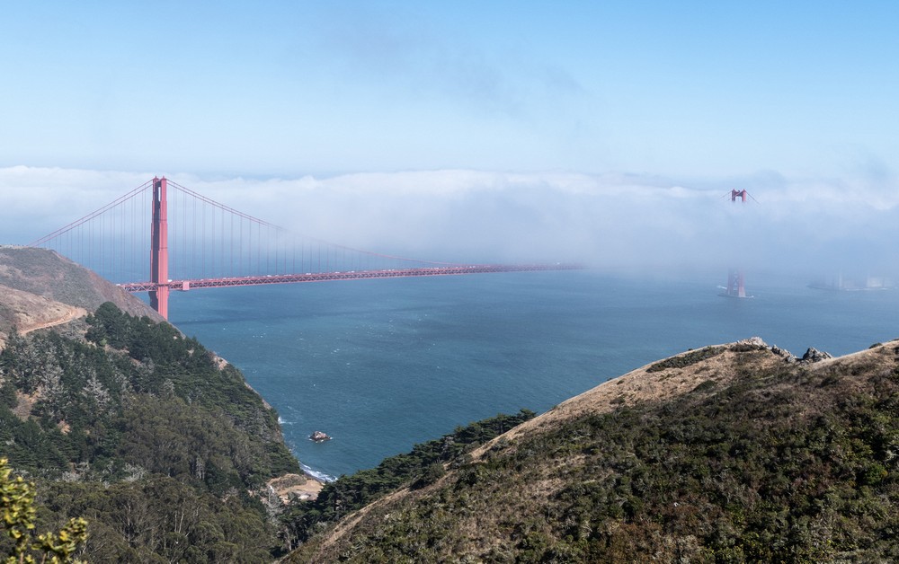 Overlooking the Golden Gate Bridge in fog.<br />July 24, 2016 - Marin Headlands, Marin County, California.