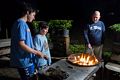 Guðjón, Markús, and Tom toasting some marshmellows.<br />Aug. 8, 2016 - At Paul and Norma's in Tewksbury, Massachusetts.