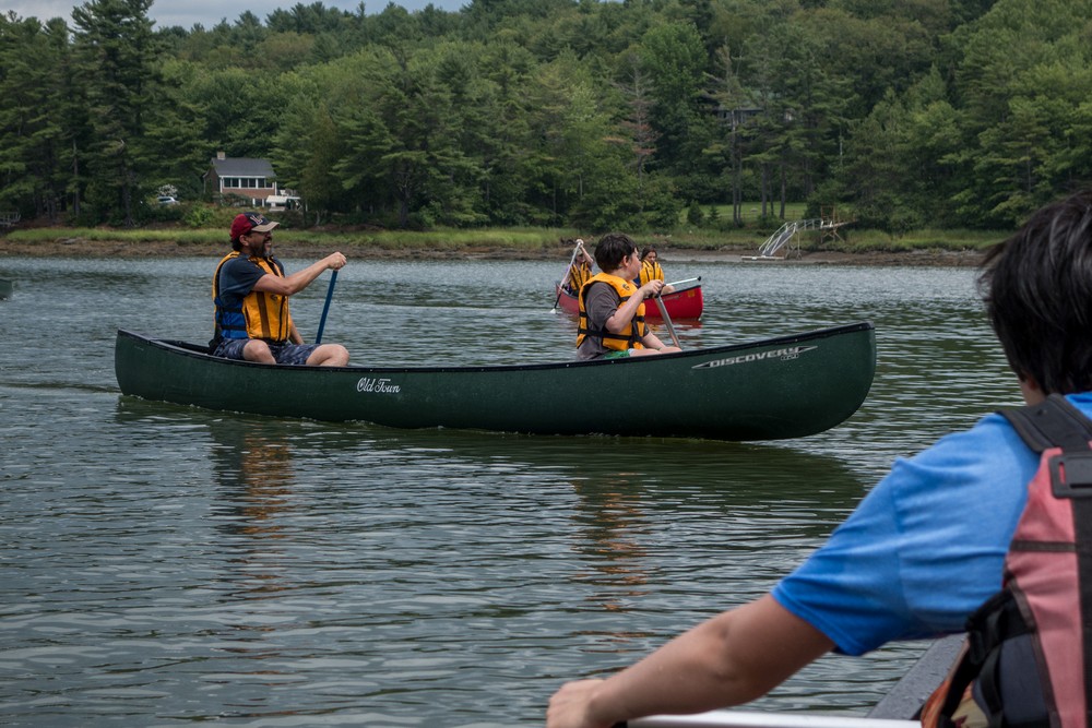 Eric and Marks with Joyce and Miranda behind them (Gujn in the foreground is my partner).<br />August 12, 2016 - On the New Meadows River between Brunwick and West Bath, Maine.