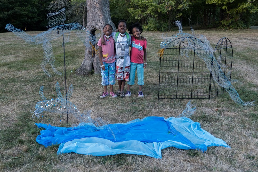 Adrien, Tavish, and Keva Kirby and their opus: Bluegestic.<br />A walk with Joyce to inspect the sculptures.<br />Sep. 16, 2016 - Outdoor Sculpture Show at Maudslay State Park in Newburyport, Massachusetts.