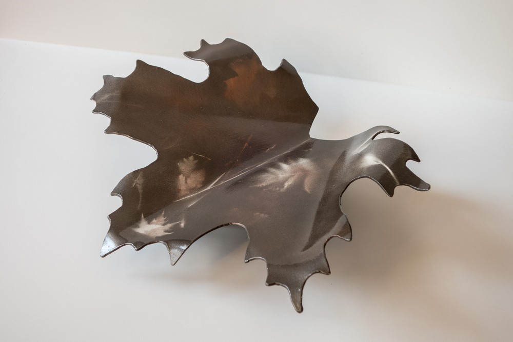 Steel maple leaf by Joyce.<br />(Housewarming present for Laila and Hanafi.)<br />Dec. 16, 2016 - At home in Merrimac, Massachusetts.