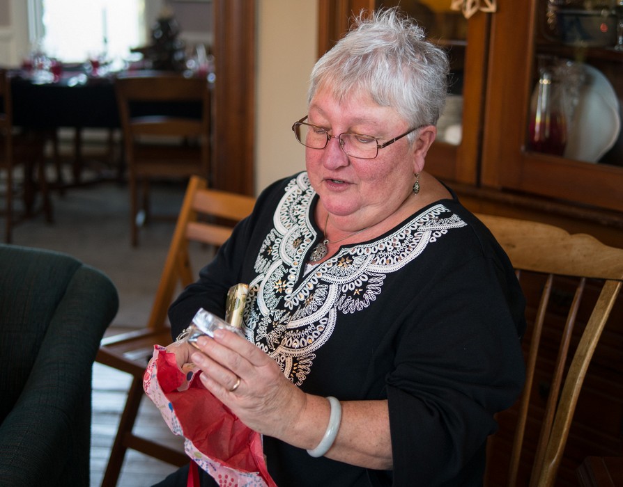 Norma inspecting one of her presents.<br />Dec. 25, 2016 - At home in Merrimac, Massachusetts.