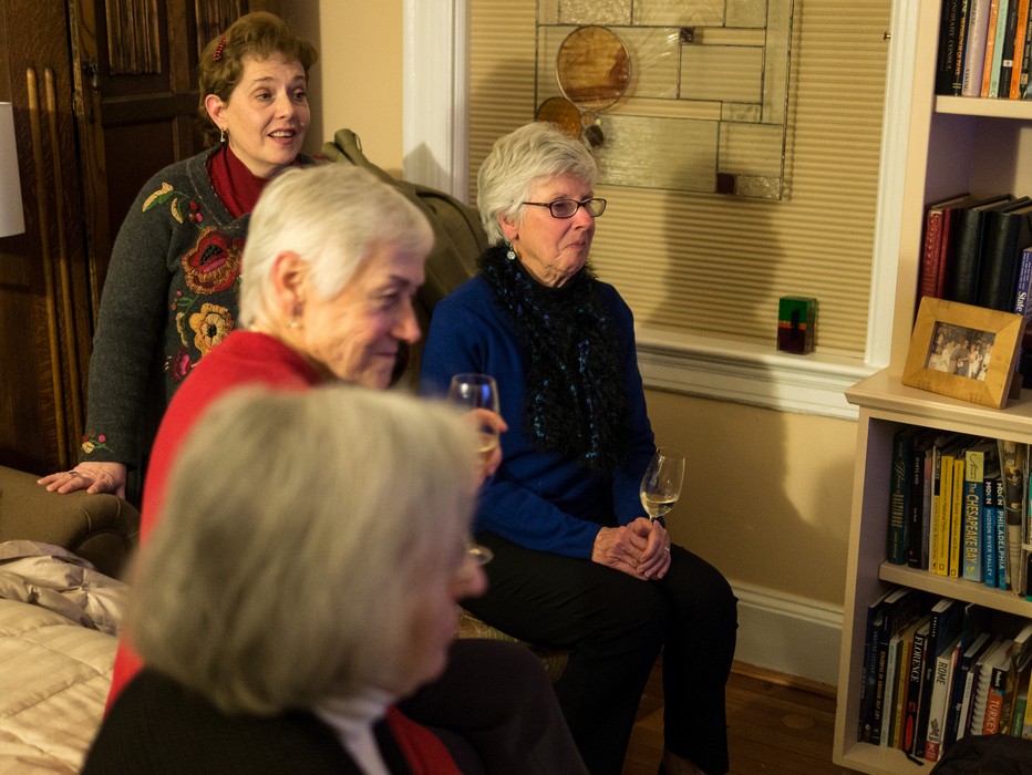 Joyce, Baiba, Mary, and Pat watching the New Year's Eve countdown on TV.<br />Dec. 31, 2016 - At Ronnie and Baiba's in Baltimore, Maryland.