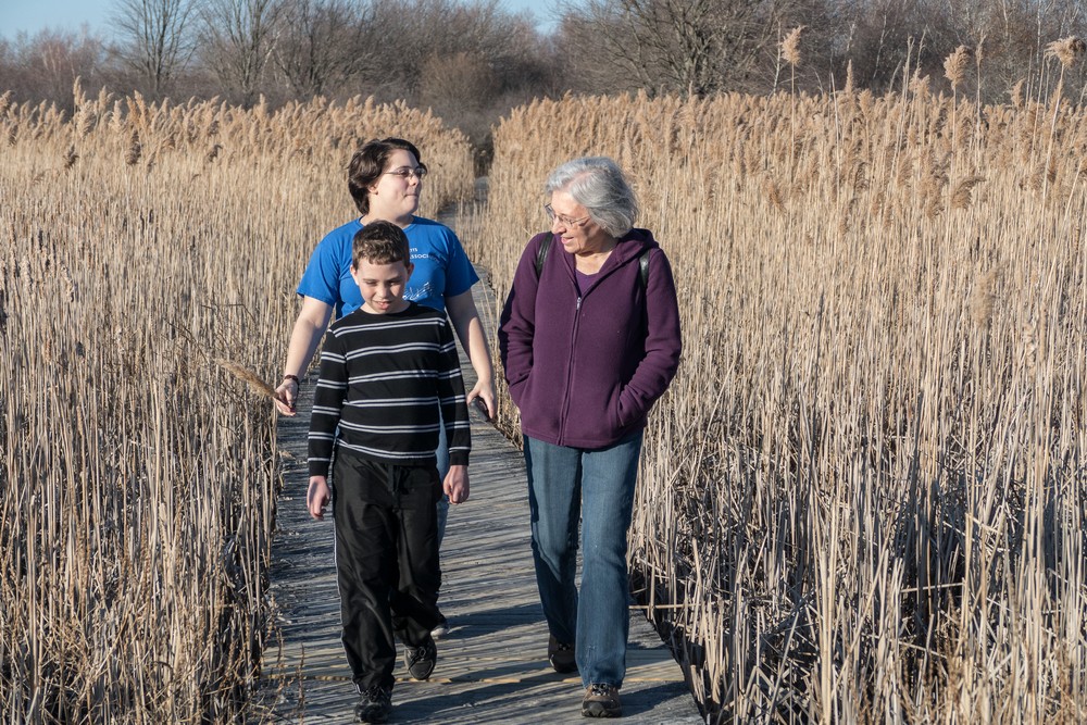 Miranda, Matthew, and Joyce on Marsh Loop boardwalk at Hellcat Swamp.<br />Feb. 23, 2017 -  Parker River National Wildlife Refuge, Plum Island, Massachusetts.