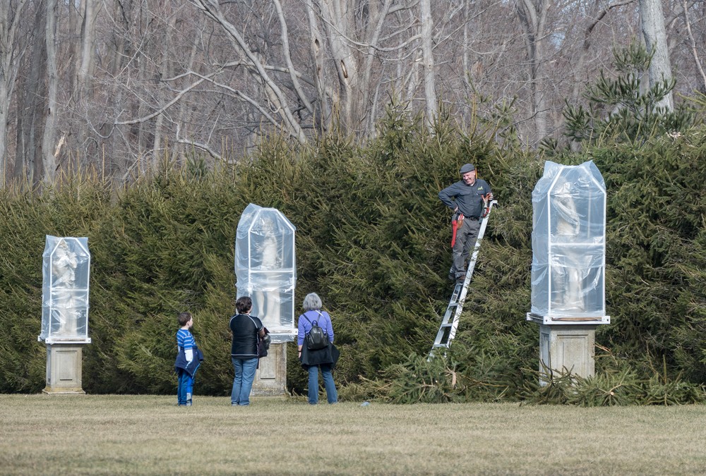Matthew, Miranda, and Joyce talking to a groundkeeper.<br />Feb. 24, 2017 - Crane Estate on Castle Hill, Iswich, Massachusetts.