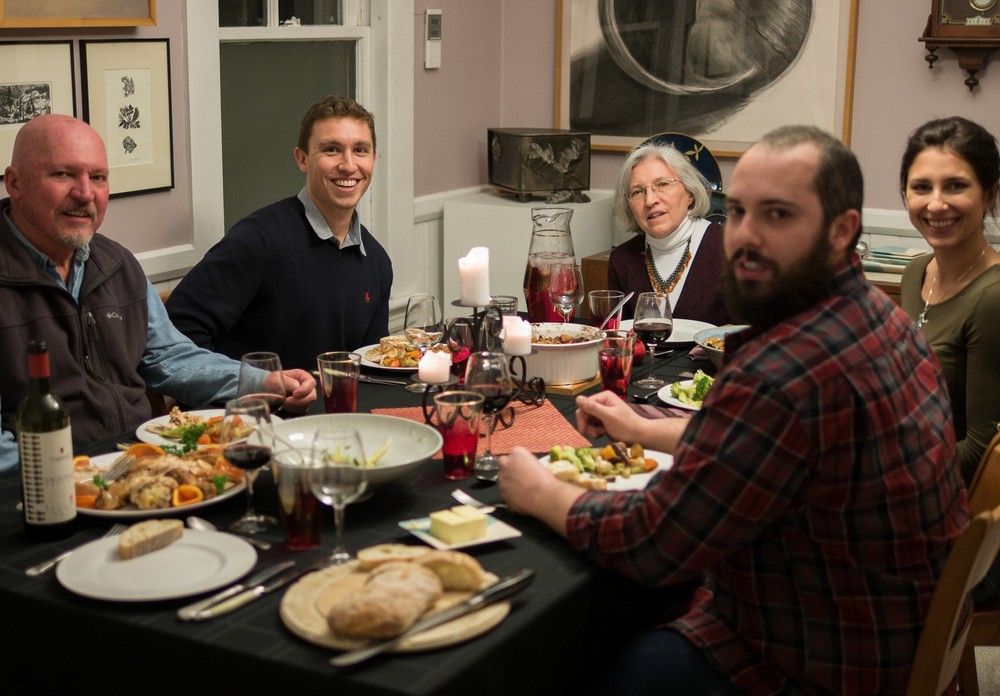 Tom, Michael, Joyce, TJ, and Alix.<br />Dinner for Tom and sons.<br />March 2, 2017 - At home in Merrimac, Massachusetts.