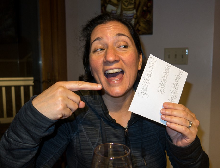 Melody gloating after beating Joyce and me at the "5000" dice game.<br />April 8, 2017 - At home in Merrimac, Massachusetts.