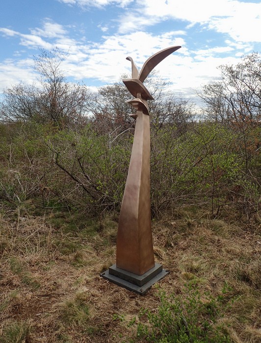 Joyce's sculpture Optimism.<br />May 10, 2017 - Wells Reserve at Laudholm, Wells, Maine.