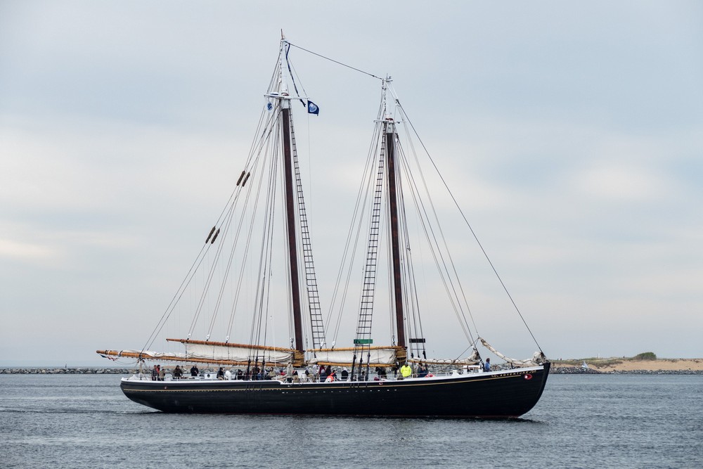 The tall ship Adventure out of Gloucester, Massachusetts.<br />May 24, 2017 - Salisbury State Reservation, Massachusetts.