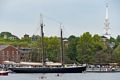 The tall ship Adventure, out of Gloucester, docked at Newburyport.<br />View from Salisbury Town Wharf.<br />May 24, 2014 - Salisbury, Massachusetts.